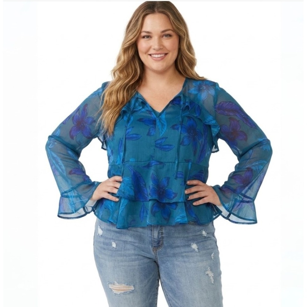 New Sofia by Sofia‎ Vergara size 3X Blue Floral Tie Front Ruffle Feminine Blouse